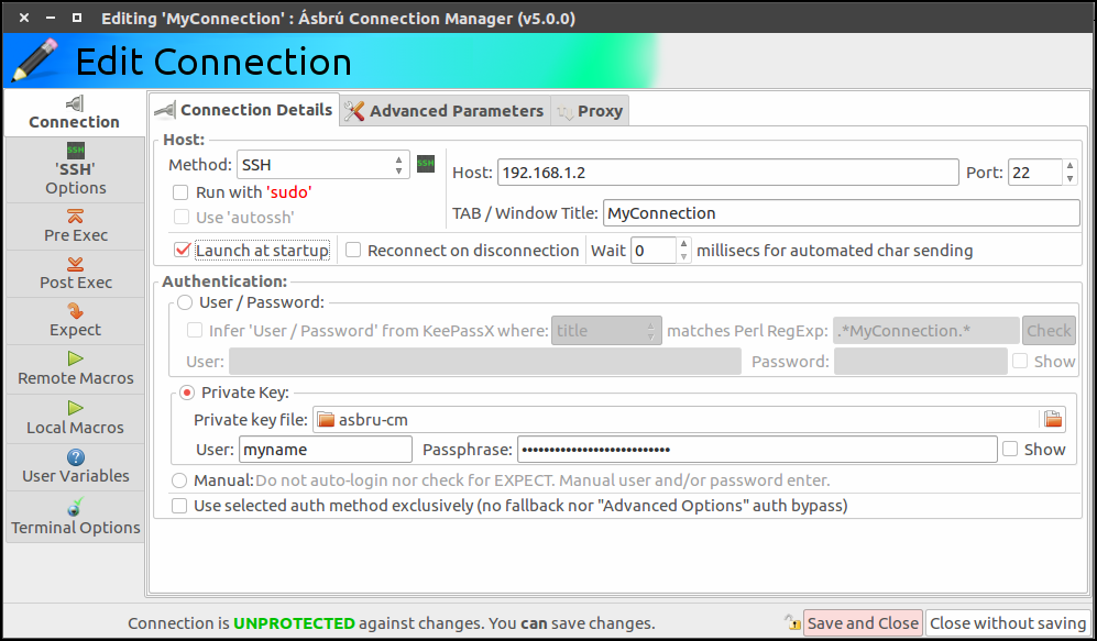 Define SSH connection with Ásbrú Connection Manager